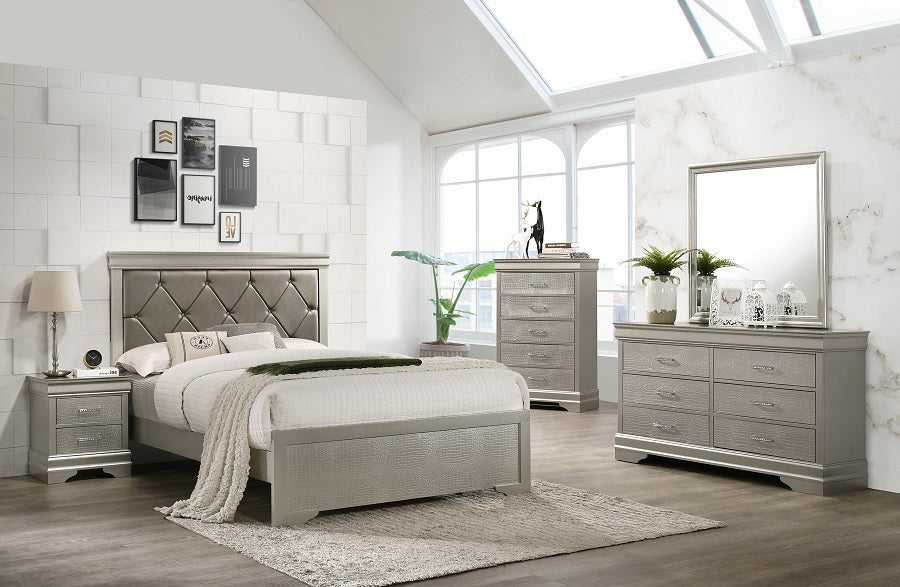 Light Grey - Amalia King Size Bed, Dresser, Mirror, & Nightstand - 44660